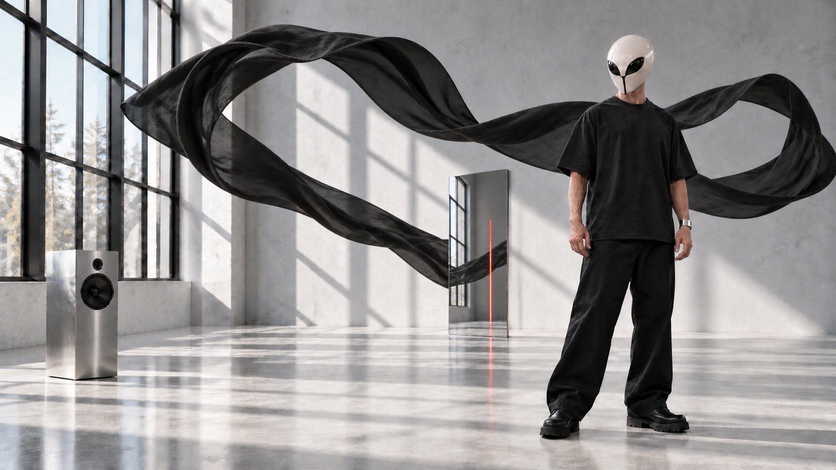 Adult Wrangster in plain black styling, in a surreal daylight studio with suspended unprinted fabric, a physical speaker and an optical mirror.