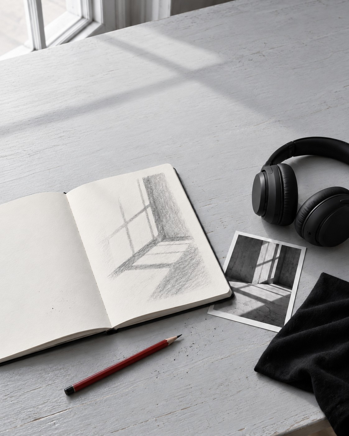 A sketchbook, headphones and photographs on a sunlit studio table.
